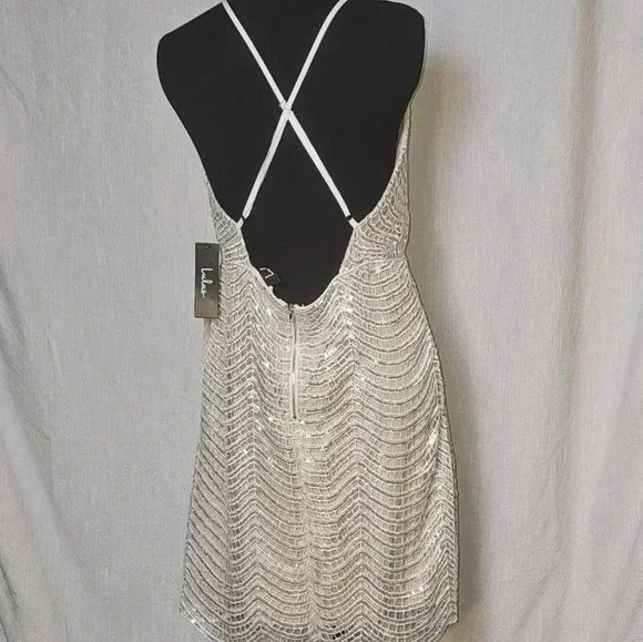 Lulus Tan and Silver Sequin CrissCross Adjustable Straps Mini‎ Dress Sz L - Picture 7 of 12